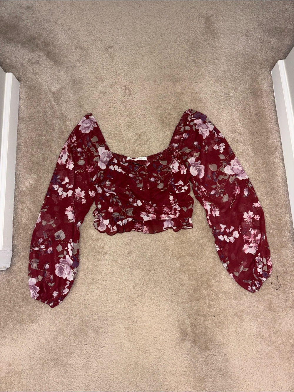 Altar'd State Burgundy Floral Puff-Sleeve Cropped Blouse